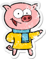 distressed sticker of a cheerful pig wearing winter clothes cartoon png