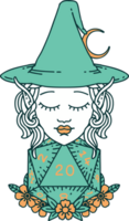 Retro Tattoo Style elf mage character with natural twenty dice roll png