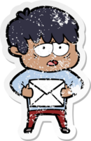 distressed sticker of a cartoon exhausted boy with letter png