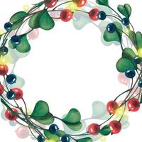 Christmas wreath of blue and red berries, twigs. Round frame. Watercolor illustration. For the design and decoration of postcards, home interiors, posters, banners, tags, stickers, packaging vector