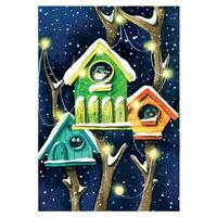 Birdhouses with birds on trees, in a snowy forest with a garland and snow. Watercolor illustration, poster. For the design of postcards, banners, packaging, Christmas paraphernalia, gifts, labels. vector