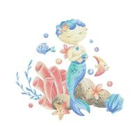 Mermaid little boy with sea corals, algae, shells, starfish, fish, bubbles. Watercolor illustration hand drawn in coral, turquoise and blue colors. Composition isolated from the background. vector