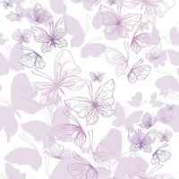 Butterflies are pink, blue, lilac, flying, delicate line art, clip art. Graphic illustration hand drawn in pink, lilac ink. Seamless pattern EPS vector