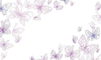 Butterflies are pink, blue, lilac, flying, delicate line art. Graphic illustration hand drawn in pink, lilac ink. Square frame, template EPS . vector