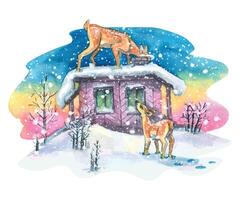 Winter watercolor illustration, a rustic house against the background of dawn, sunset, with cute, curious fawns. For the design of New Year and Christmas paraphernalia, posters, postcards, packaging vector