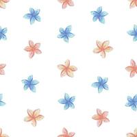 Simple, cute plumeria and frangipani flowers. Watercolor illustration, hand drawn in pastel colors pink, peach, coral, turquoise, blue, mint. Seamless simple pattern children s vector