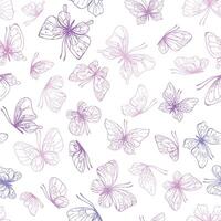 Butterflies are pink, blue, lilac, flying, delicate line art, clip art. Graphic illustration hand drawn in pink, lilac ink. Seamless pattern EPS . vector