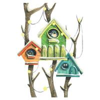 Colorful birdhouses with birds on trees with lights, garlands and snow. Watercolor illustration. Isolated on a white background. For the decoration and design of the new year, Christmas and winter. vector