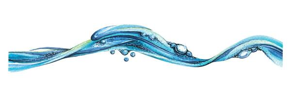 un ola es un superficie de agua con burbujas azul, aislado en un blanco antecedentes. acuarela ilustración. un elemento para el diseño y decoración de postales, carteles, pancartas, composiciones vector