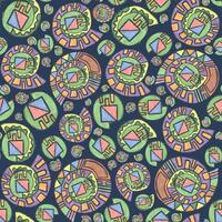 Geometric abstract spirals, shells. Seamless pattern on a blue background. Hand-drawn with colored pencils. Multicoloured. For decoration and design of textiles, clothing, background, paper vector
