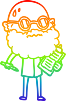 rainbow gradient line drawing of a cartoon worried man with beard and sunglasses taking survey png