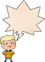 cartoon annoyed man with speech bubble in retro texture style png