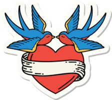 sticker of tattoo in traditional style of swallows and a heart with banner png