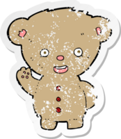 retro distressed sticker of a cartoon teddy bear waving png