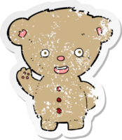 autocollant rétro en détresse d'un ours en peluche de dessin animé agitant png