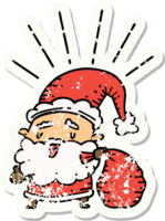 worn old sticker of a tattoo style santa claus christmas character with sack png