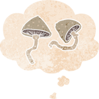 cartoon mushrooms with thought bubble in grunge distressed retro textured style png