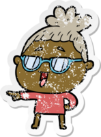 distressed sticker of a cartoon happy woman wearing spectacles png