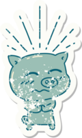 worn old sticker of a tattoo style nervous pig character png