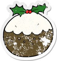 distressed sticker of a cartoon christmas pudding png