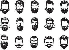 Hair and beard shapes design constructor with men silhouette. Fashion silhouette black beard and mustache illustration vector