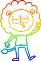 rainbow gradient line drawing of a cartoon bored lion waving png