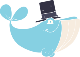 flat color illustration of whale wearing top hat png