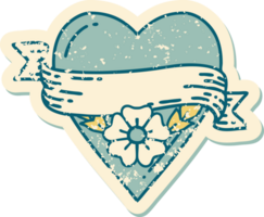 imagem de estilo de tatuagem de adesivo angustiado icônica de uma flor de coração e banner png