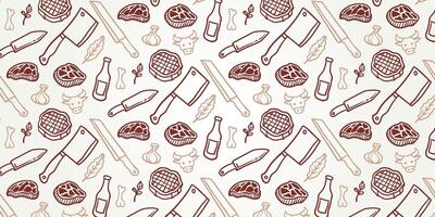 butcher shop seamless pattern, barbecue meat and cooking tools seamless pattern. BBQ, meat, vegetables, beer, wine and equipment icons vector