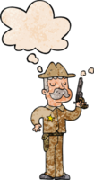cartoon sheriff with thought bubble in grunge texture style png