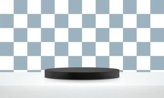 Black podium in the grey check pattern room. Minimal wall scene. Pastel color abstract room design. Space for selling products on the website. illustration. vector