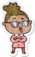 distressed sticker of a cartoon happy woman wearing spectacles png