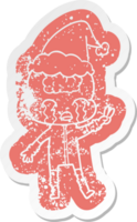 quirky cartoon distressed sticker of a big brain alien crying and giving peace sign wearing santa hat png