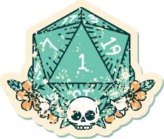 grunge sticker of a natural one dice roll with floral elements png