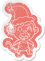 shouting quirky cartoon distressed sticker of a monkey wearing santa hat png