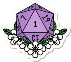 sticker of a natural one dice roll with floral elements png