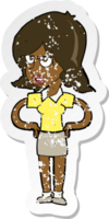 retro noodlijdende sticker van een cartoon geërgerde vrouw met handen op de heupen png