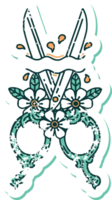 iconisch verontrust sticker tatoeëren stijl beeld van kapper schaar en bloemen png