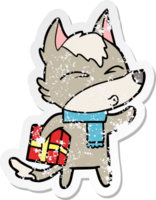 distressed sticker of a cartoon christmas wolf whistling png