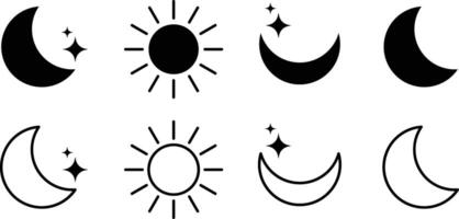 Set of Moon and stars icons. Sun and moon flat icon. Shining Sun and crescent Moon. vector