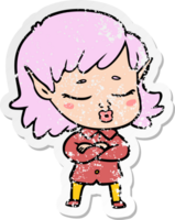 distressed sticker of a pretty cartoon elf girl png