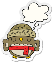 cute cartoon owl in hat with thought bubble as a printed sticker png