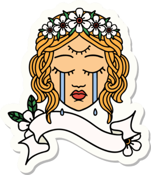 tatuering stil klistermärke med baner av kvinna ansikte med tredje öga och krona av blommor cyring png