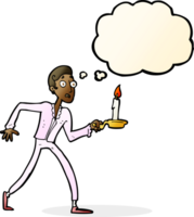 cartoon frightened man walking with candlestick with thought bubble png