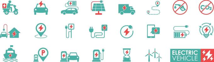 Set of Electric vehicle icons. Solid icon collection. Containing an electric car, battery, EV charging, charging station, Motobike, hybrid, e-car, and power. vector