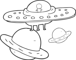 hand drawn black and white cartoon flying saucer in space png