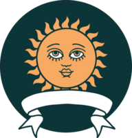 tattoo style icon with banner of a sun with face png