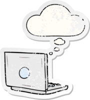 cartoon laptop computer with thought bubble as a distressed worn sticker png