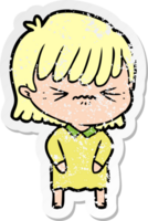 distressed sticker of a annoyed cartoon girl png