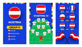 Austria team football 2024 vertical banner set for social media. Football 2024 banner set with group, pin flag, match schedule and line-up on soccer field vector